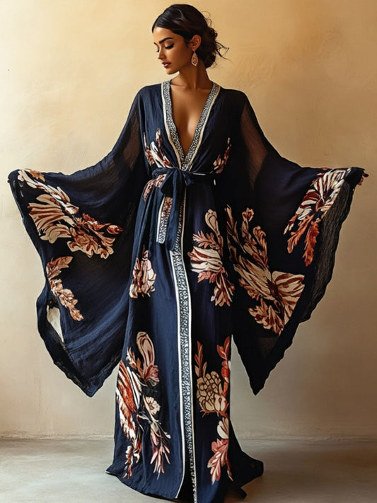 Womens Japanese Style Kimono Robe Elegant Long Sleeve Belt