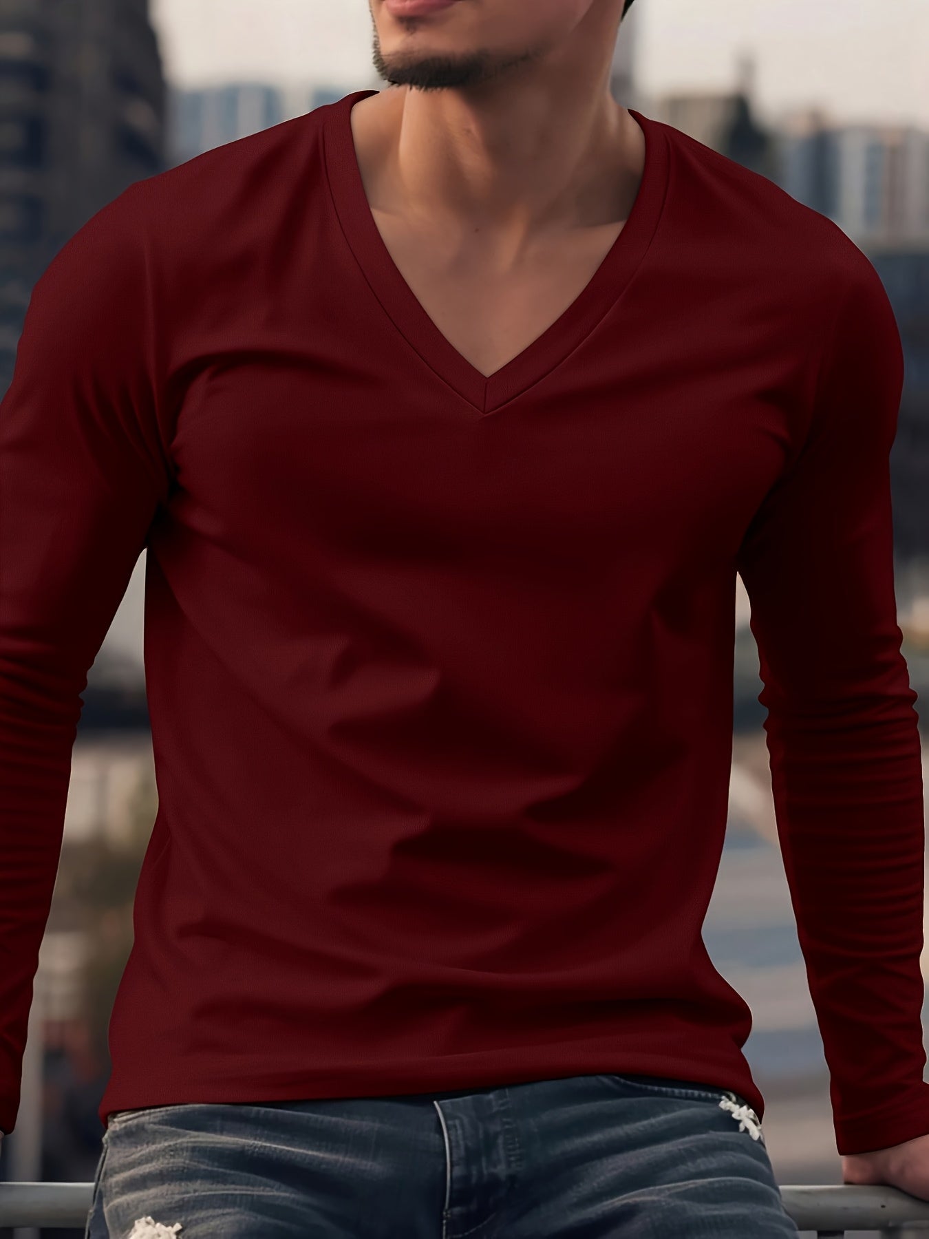 Men's V-Neck Long Sleeve Shirt for Casual Wear