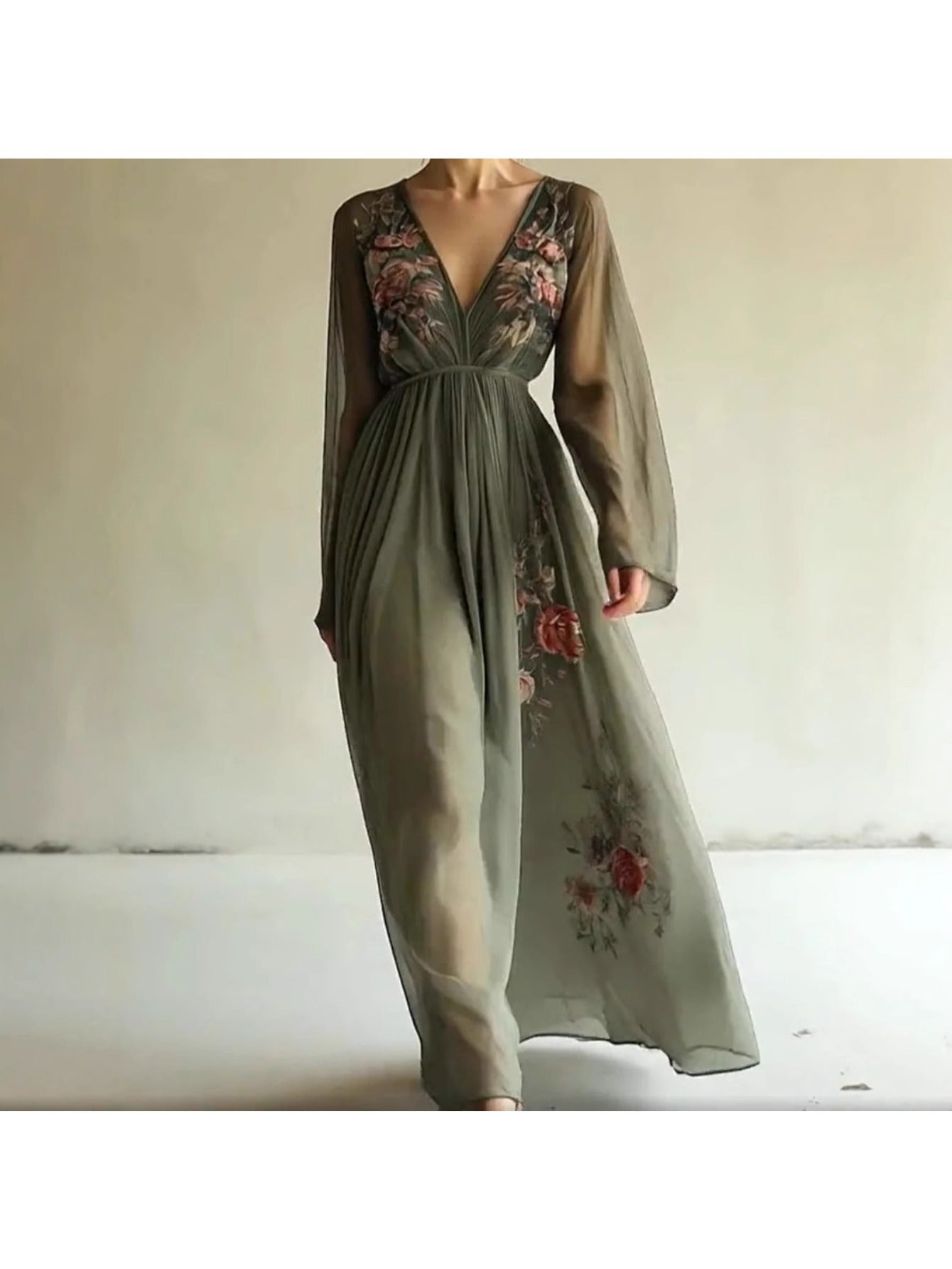 Blossom And Radiate Digital Print V Neck Long Sleeve Dress
