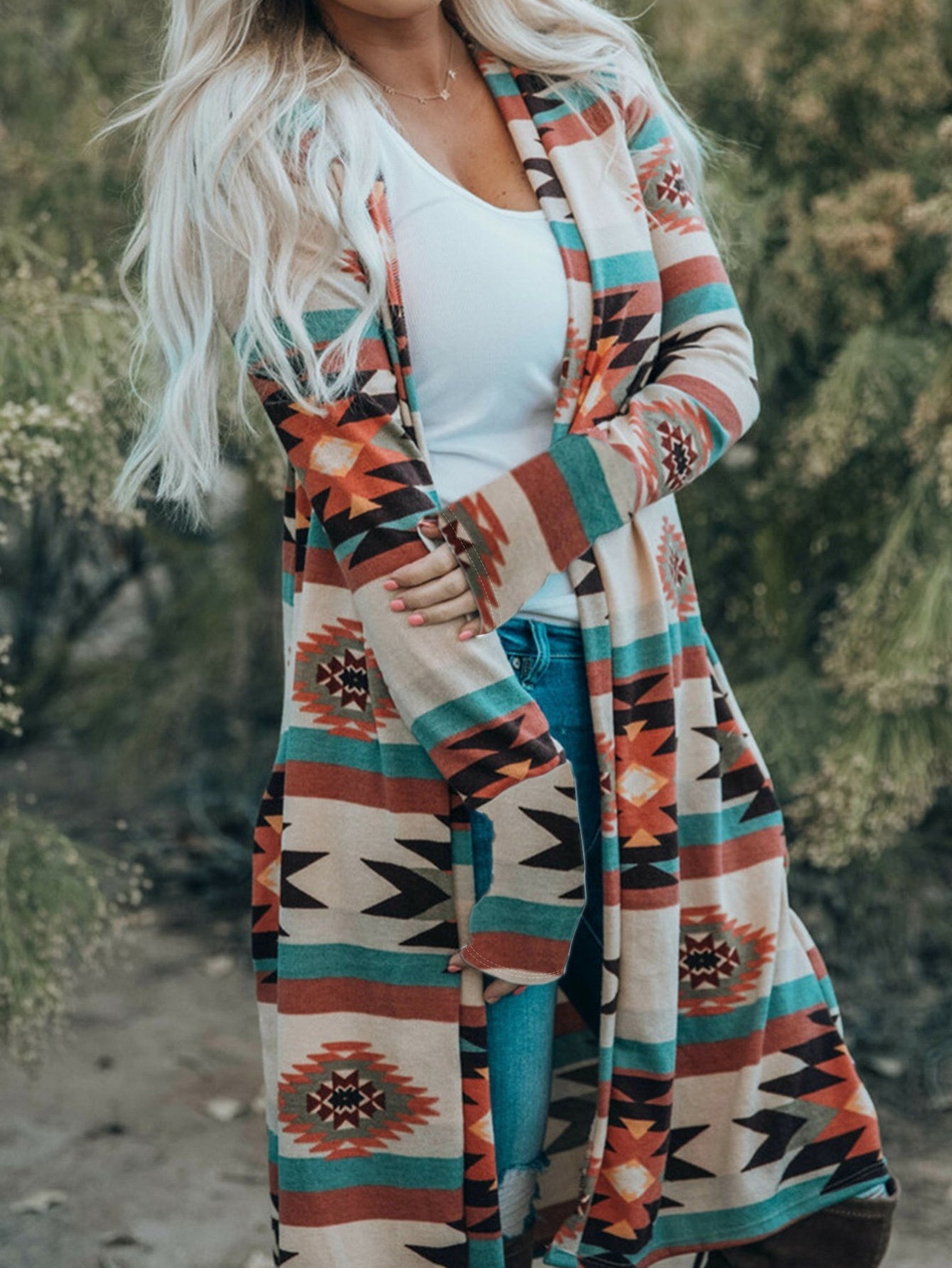CIUM Womens Cardigan Tribal Print With Elastic Knit Fabric