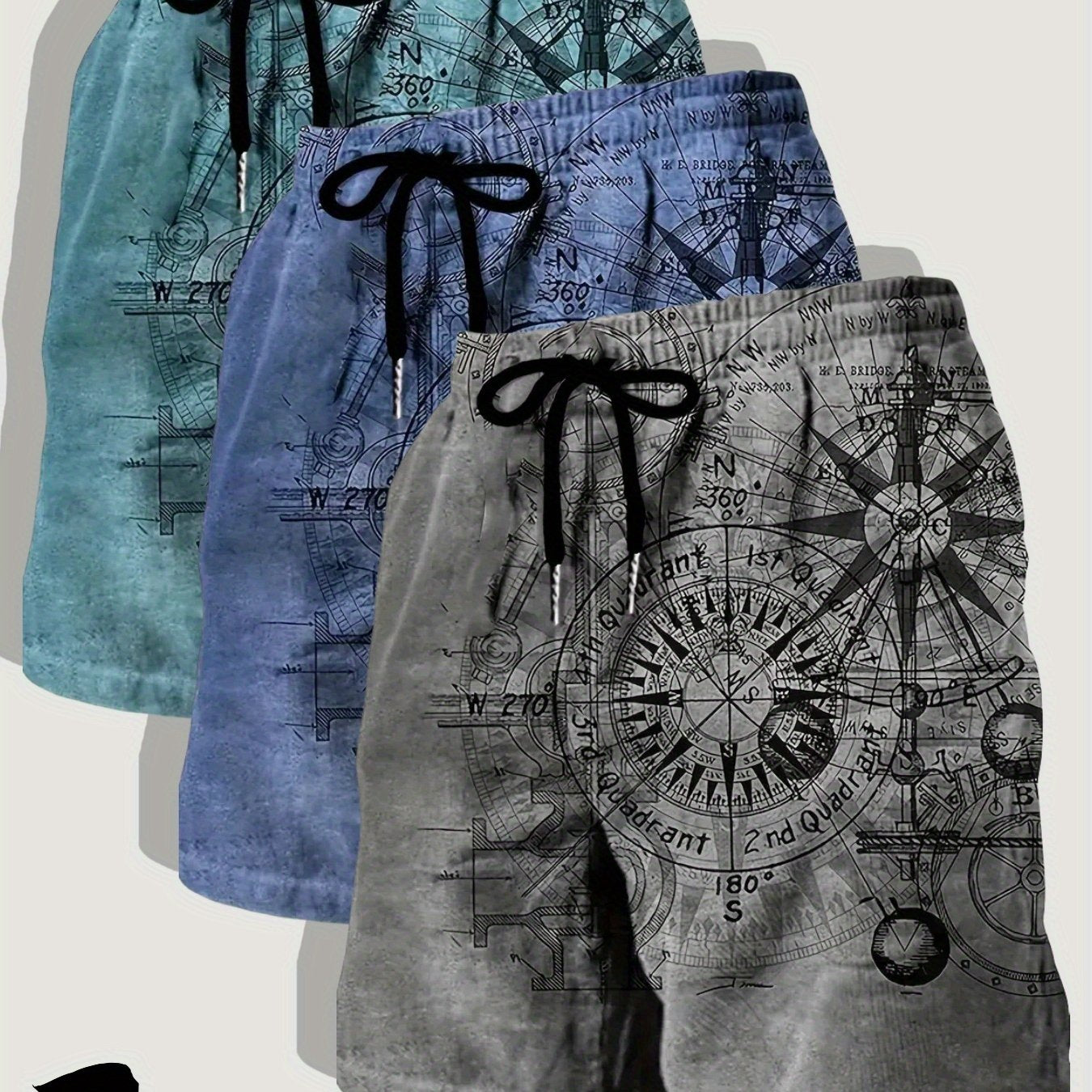 Three Pack Mens Casual Beach Shorts Nautical Chart Print