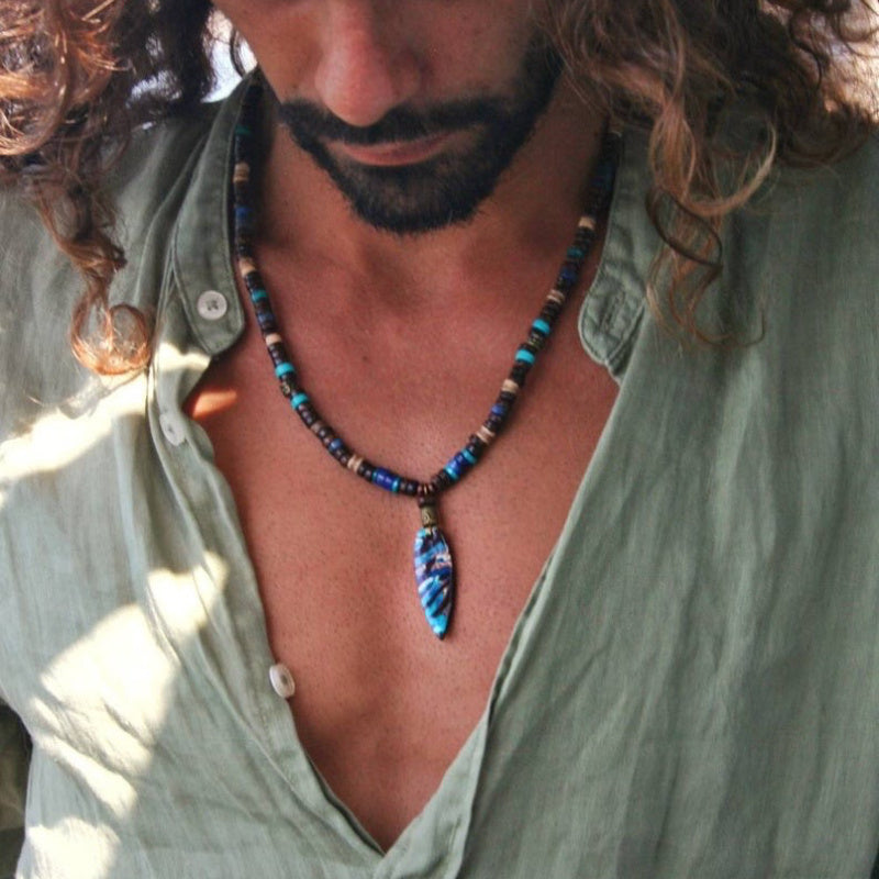 Mens Bohemian Beaded Necklace Earthy Wood Beads Jewelry
