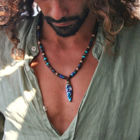 Mens Bohemian Beaded Necklace Earthy Wood Beads Jewelry