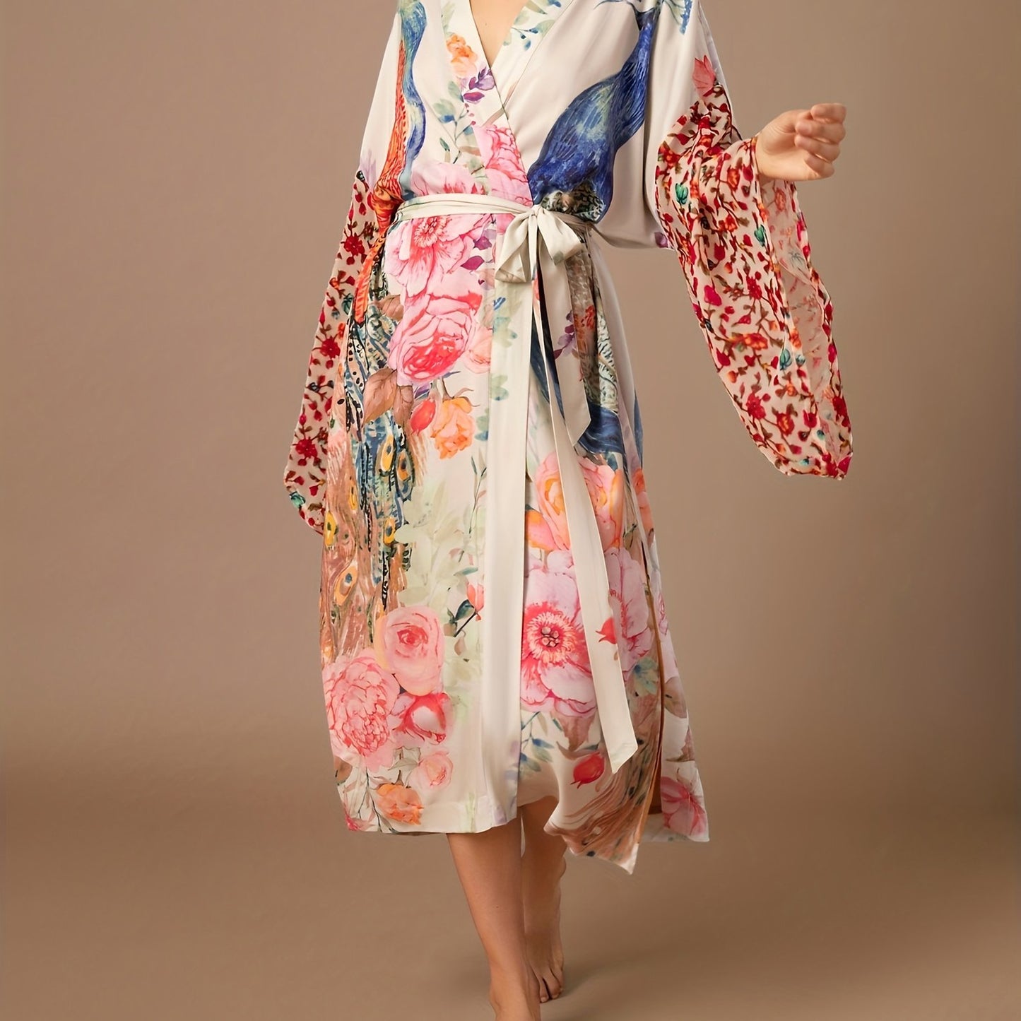 Women's Printed Peacock Pattern Position Printed Waist Belt Sleep Robe Long-Sleeved Open Cardigan Homewear Robe