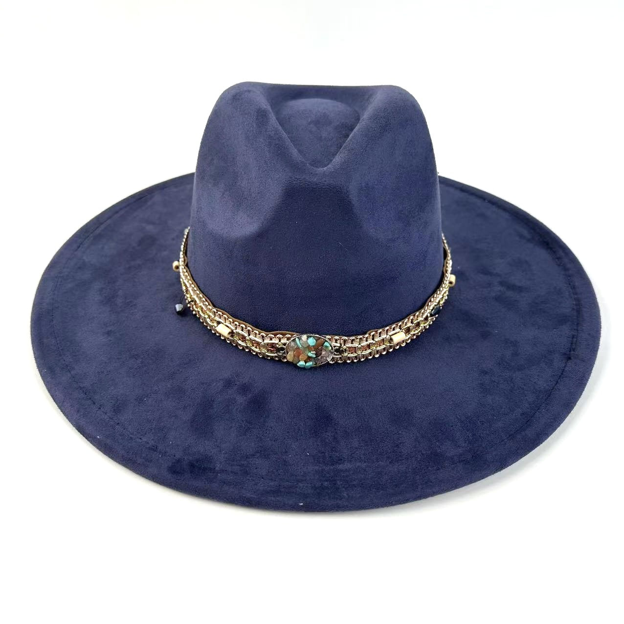 Bohemian Wide-Brim Felt Hat With Turquoise Bead Chain Band