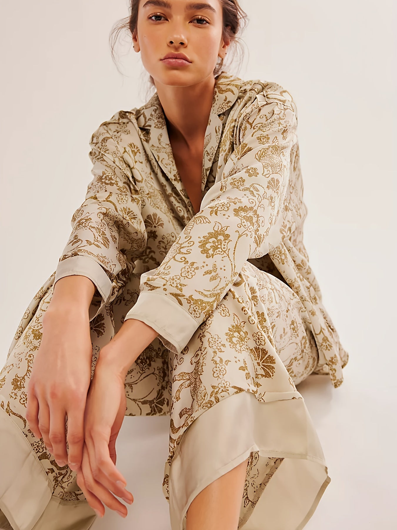 Purple Satin Pajamas - Elegant Floral Printed - Perfect For A Cozy Night