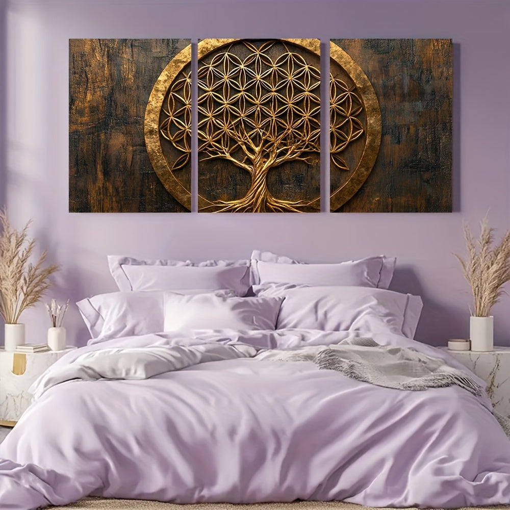 2D Canvas, Modern Bohemian Three-Panel Wall Art- Flower of Life, Tree of Life& Sephiroth Sacred Geometry Framed Canvas Prints 15.7x23.6 Inch, Golden on Dark Background for Living Room, Home Office& Christmas Decor, Wall Decor