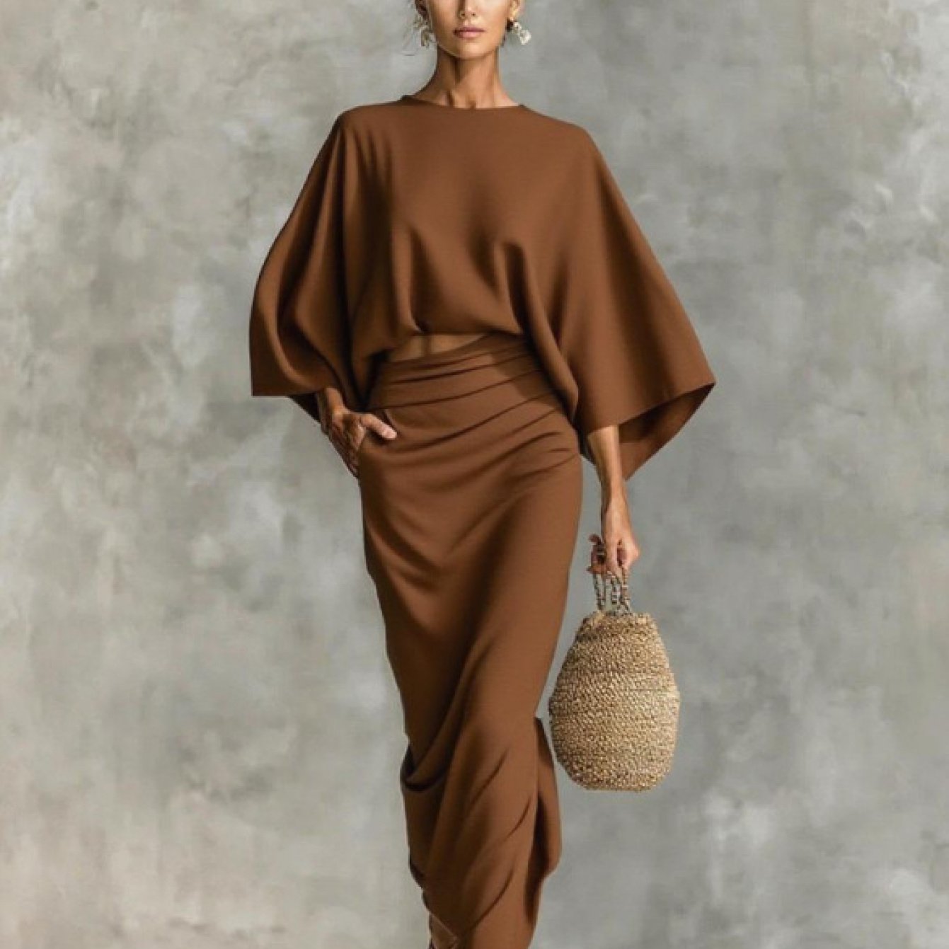 Elegant Crew Neck Long Sleeve Top And High-Waisted Skirt Set