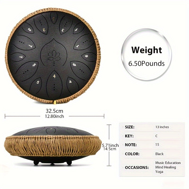 15 Note Steel Tongue Drum Handpan Instrument With Mallet Music Book Carry Bag C Major