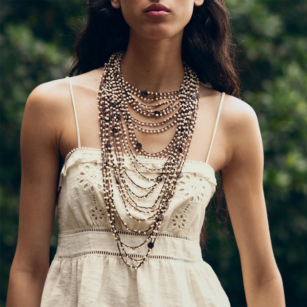 Hand-Beaded Bohemian Waterfall Multi-Layered Necklace - Golden & Brown Beaded Stacked Collarbone Chain for Women, Everyday & Party Jewelry, Year-Round Versatile Accessory, Vibrant Style, Handcrafted Jewelry, Statement Piece,