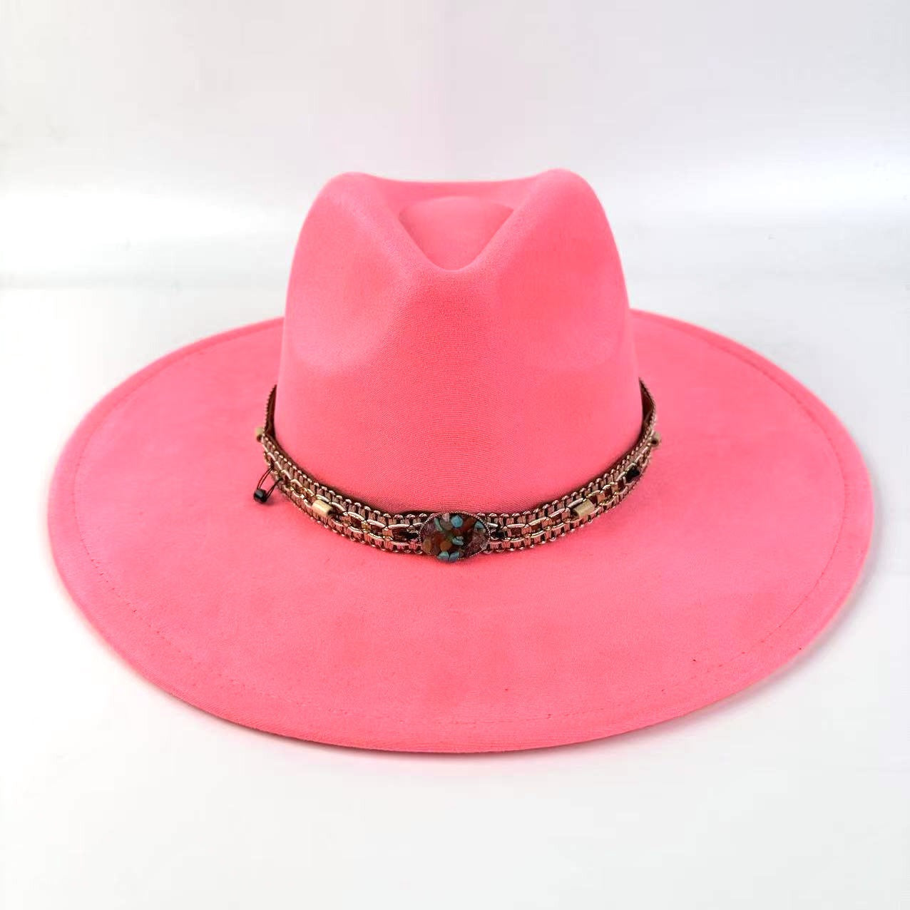Bohemian Wide-Brim Felt Hat With Turquoise Bead Chain Band