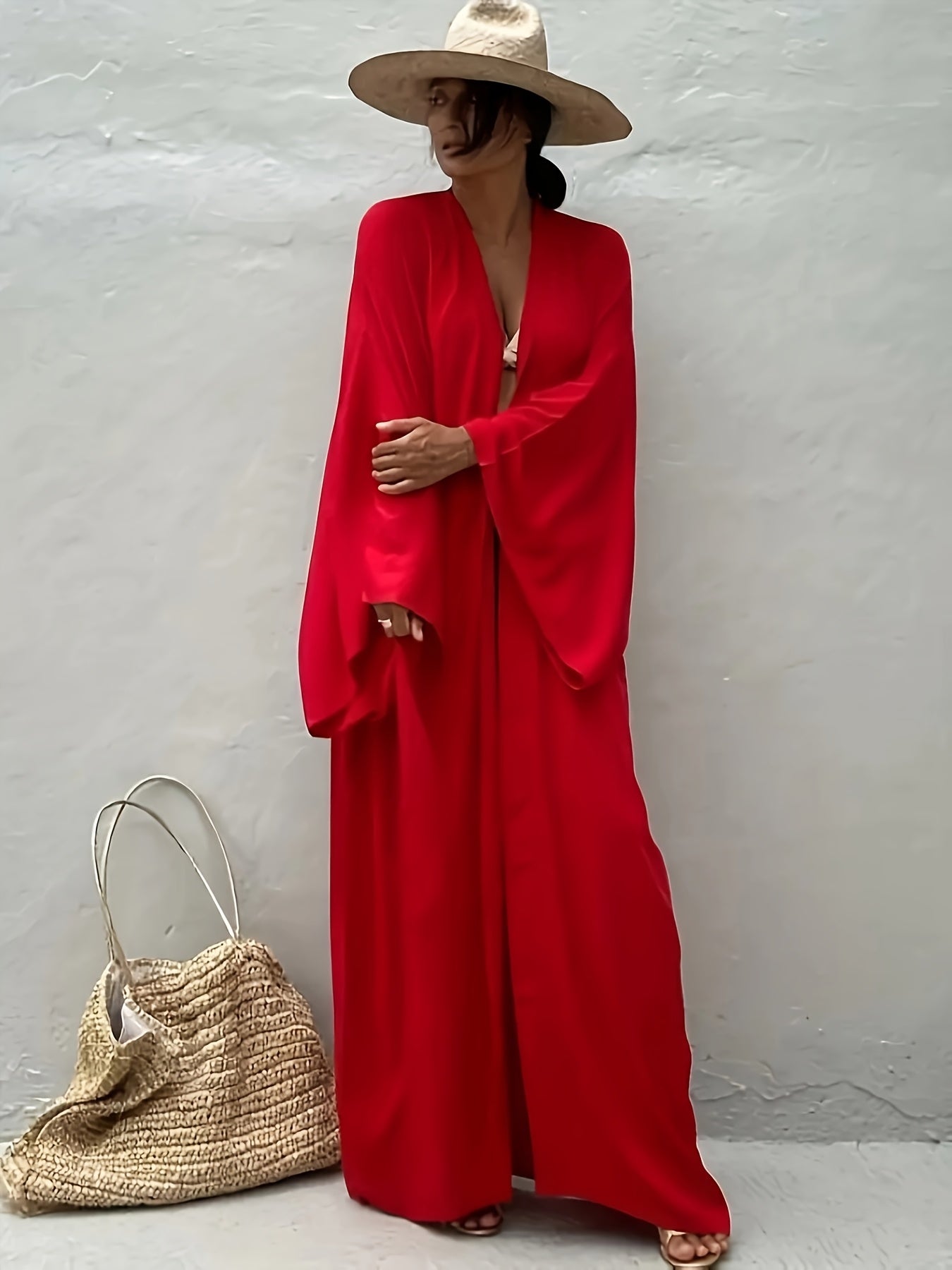 Boho Kimono Beach Coverup Robe With Belt For Casual Wear