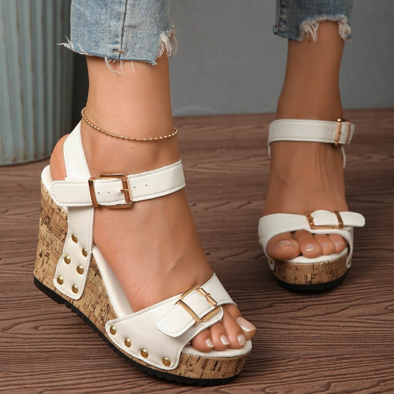 FME Women Summer Sandals Wedge Heel with Button Strap