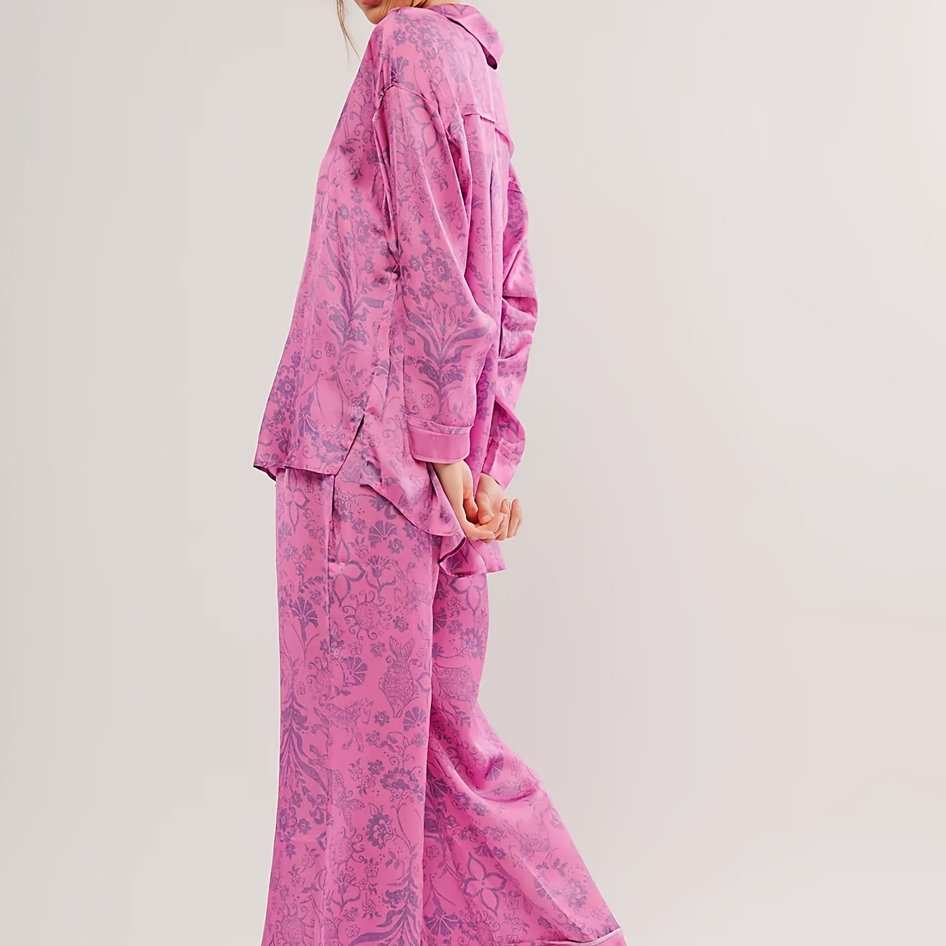 Purple Satin Pajamas - Elegant Floral Printed - Perfect For A Cozy Night