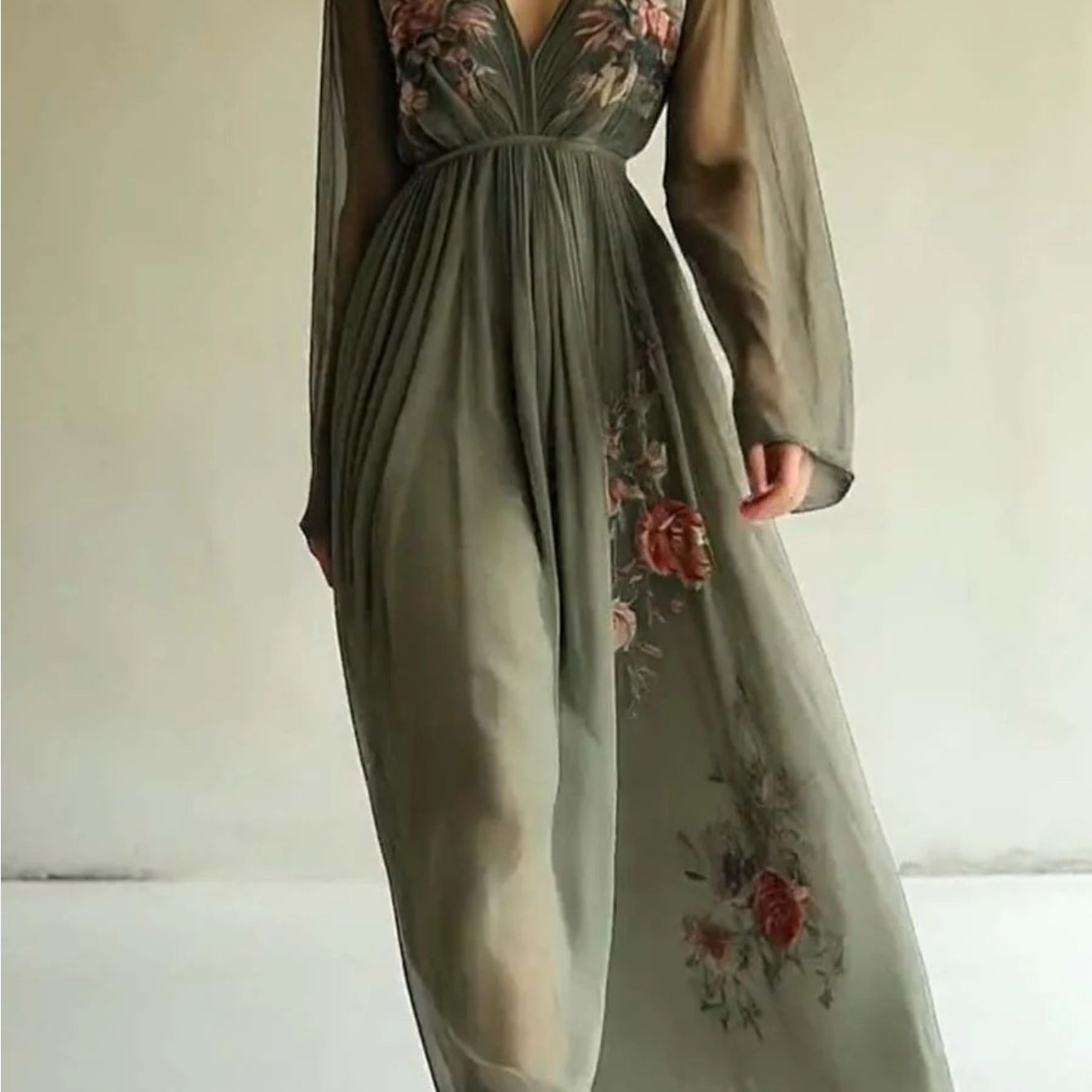 Blossom And Radiate Digital Print V Neck Long Sleeve Dress