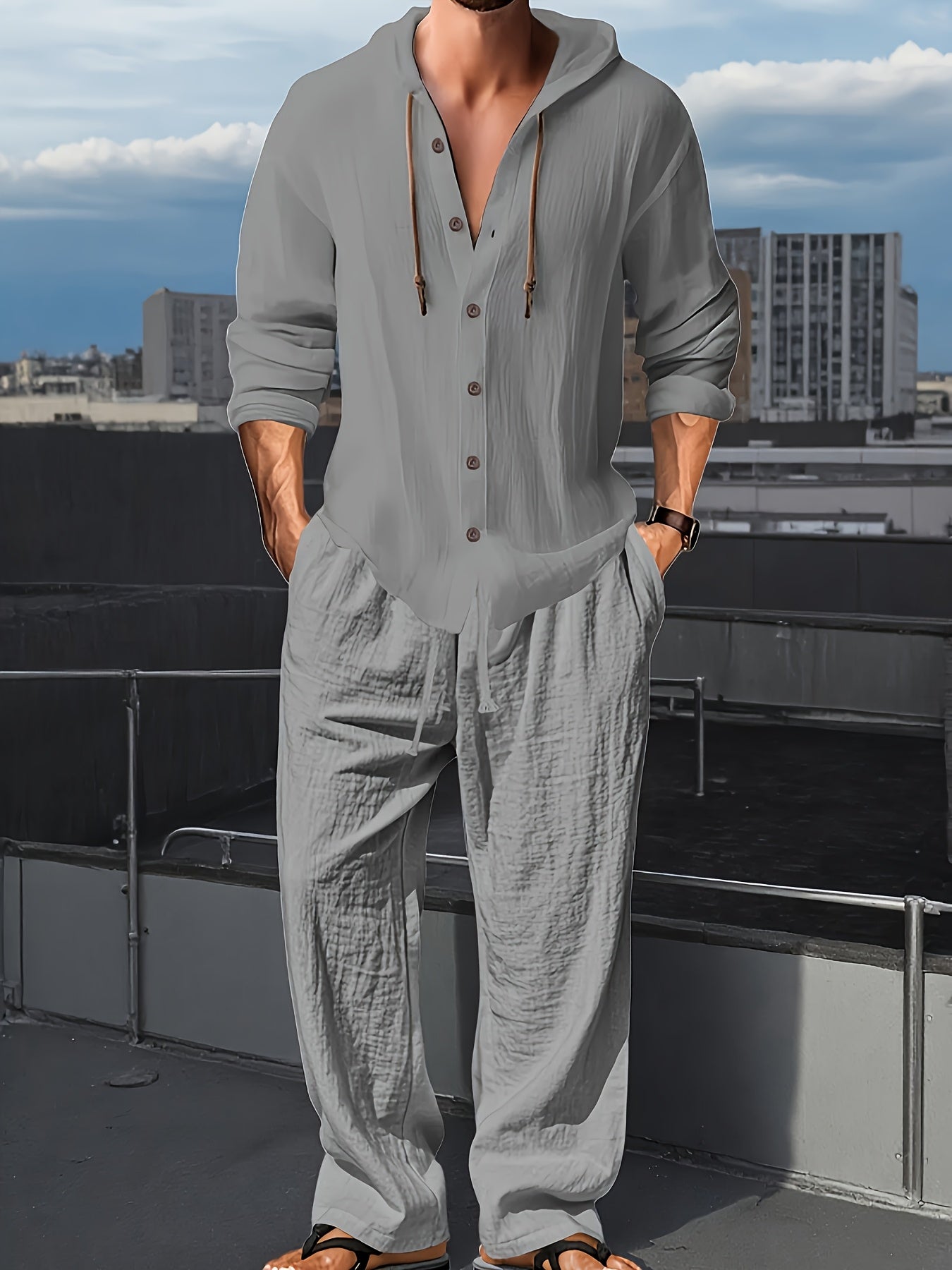 Blossom And Radiate Linen Mens Hooded Shirt And Pants Set