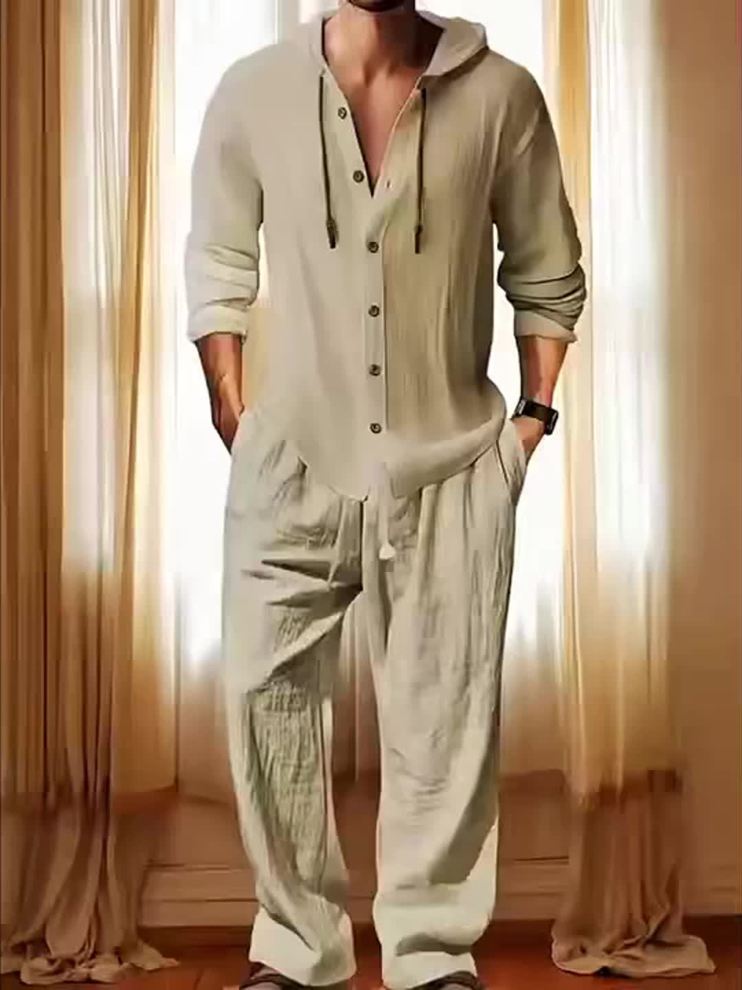 Blossom And Radiate Linen Mens Hooded Shirt And Pants Set