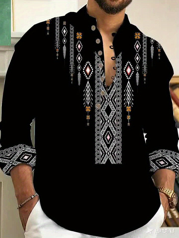 Men's Casual Henley Shirt With 3D Ethnic Print Regular Fit