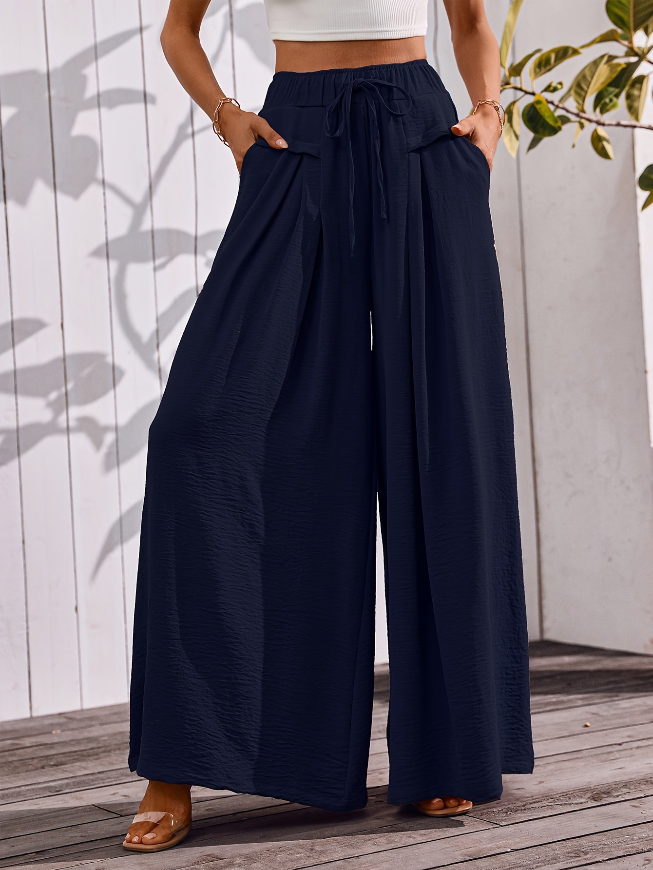 Flowy Wide Leg Pants For Women With Elastic Waist Pocket