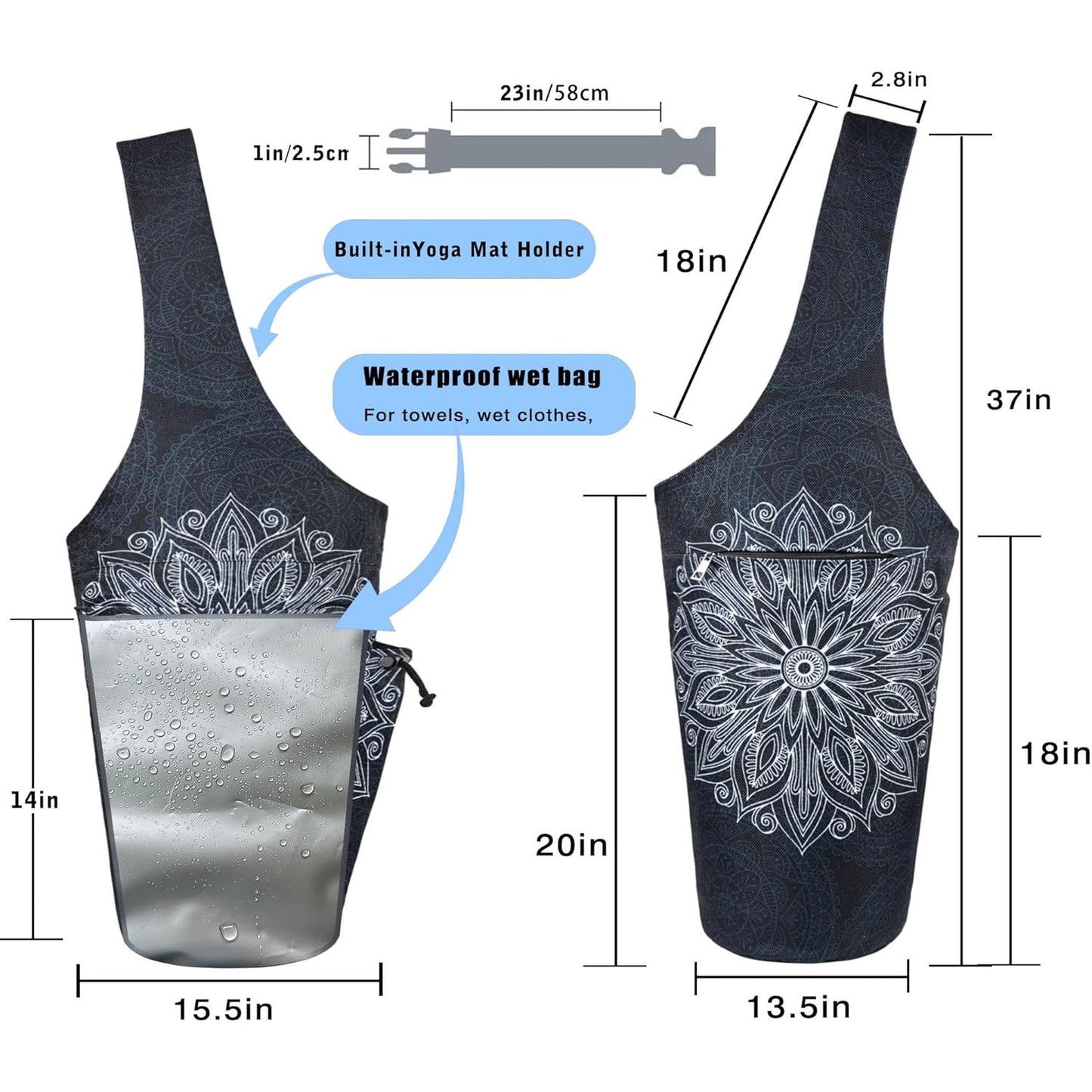 Yoga Mat Carrier Bag With Wet Zipper Pocket And Bottle