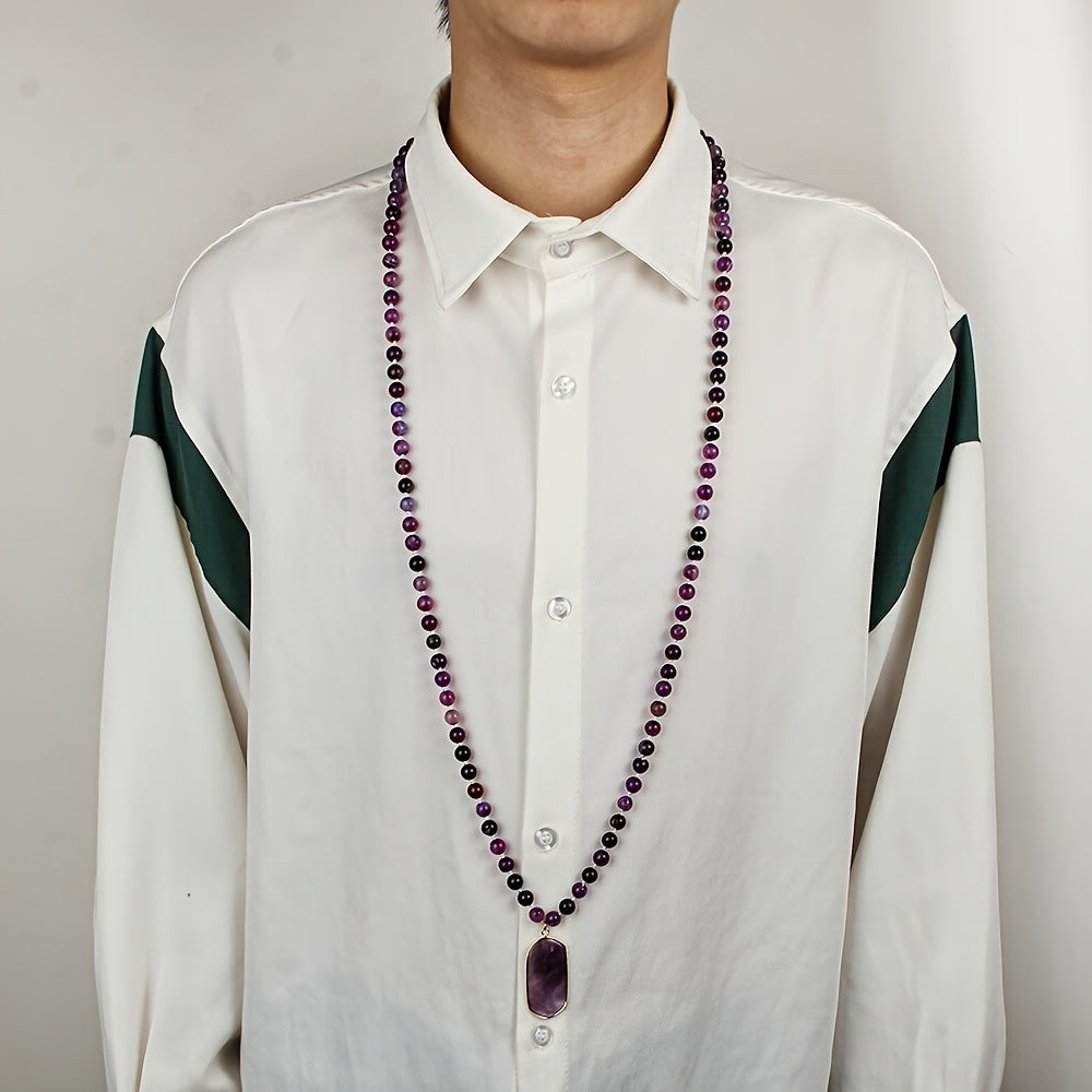 Purple Stone Mala Beads Necklace Teardrop Pendant