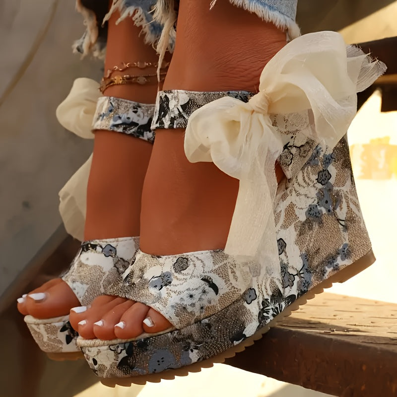 Versa Retro Floral Sandals Ankle Strap Open Toe Thick Heel