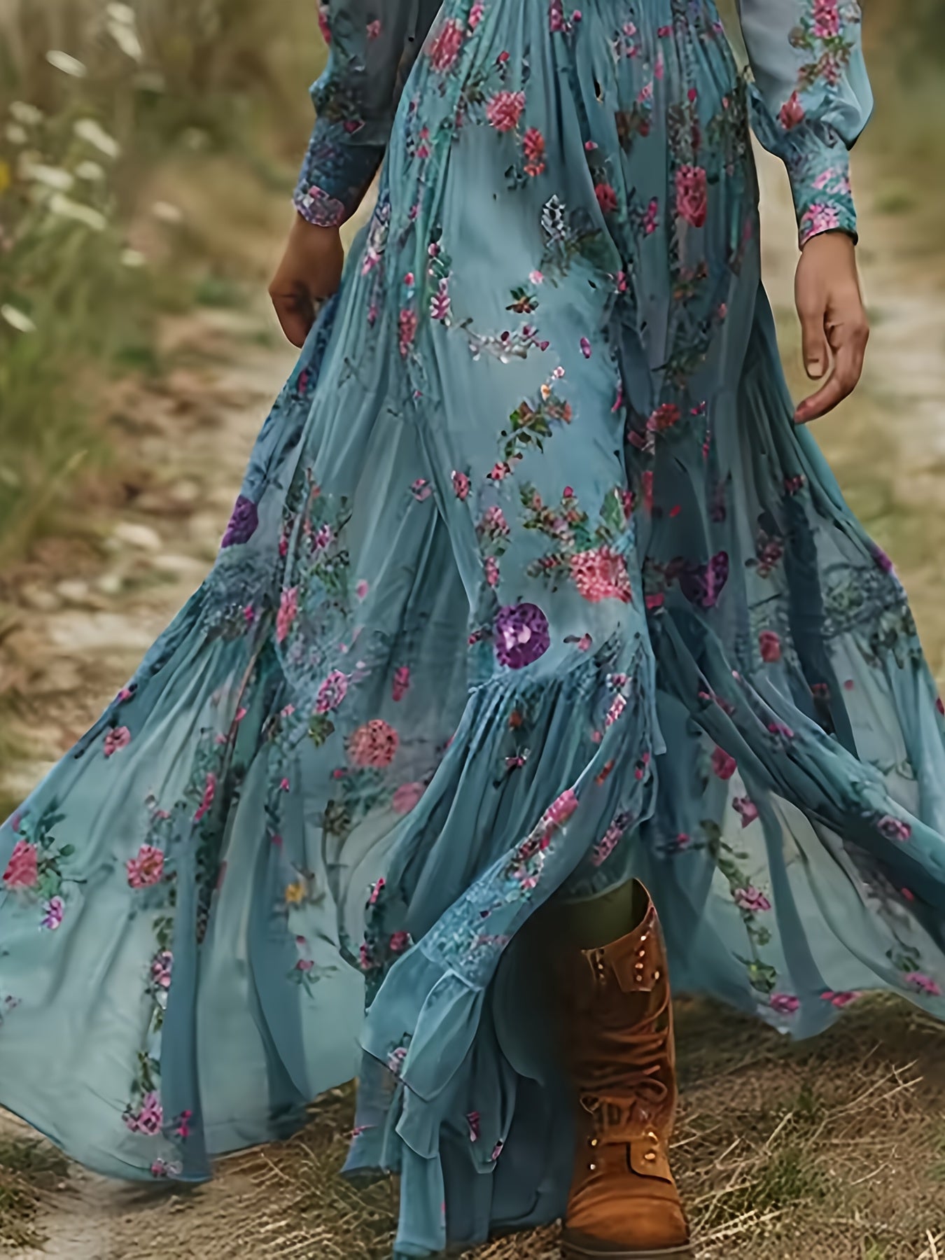 Bohemian Floral Print Maxi Dress With Elastic Waist