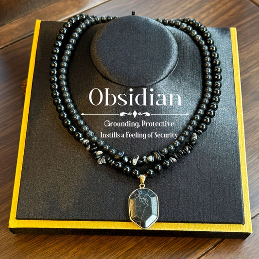 Blossom Radiate Grounding Obsidian Beaded Necklace Set