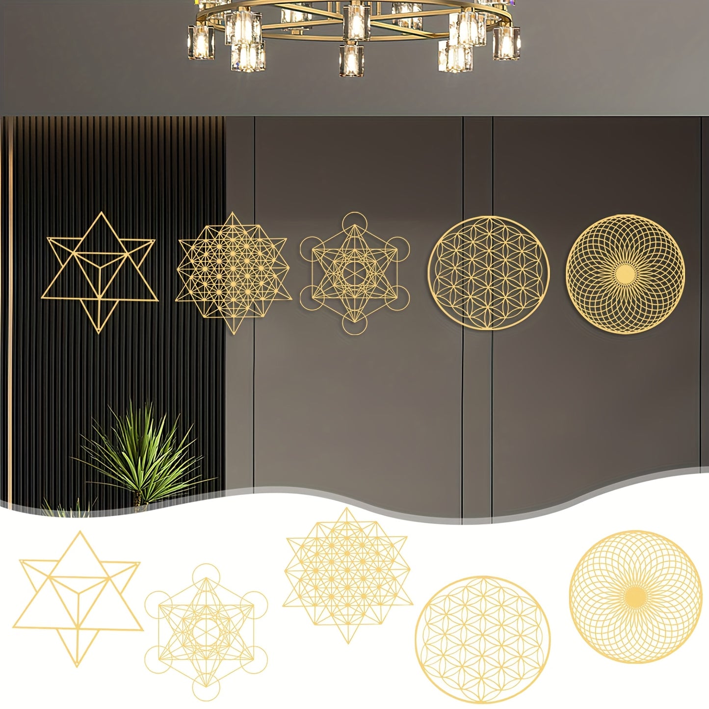 5pcs 12 Inch Sacred Geometry Wood Wall Art Set Cube Home Decor Flower Of Life Hanging Sculpture Metal Grid 7 Chakra Wall Decor
