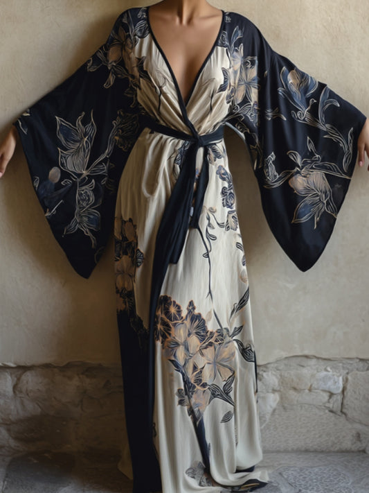 Elegant Floral Kimono Robe Dress With Hibiscus Print