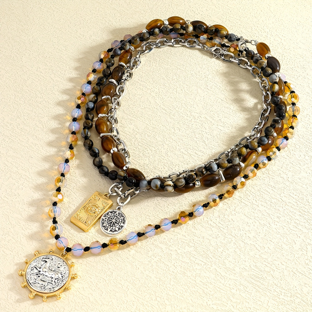 Blossom Radiate Boho Layered Stone Pendant Necklace Vintage