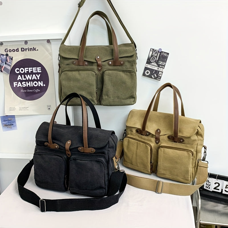Heavy Duty Canvas Crossbody Work Bag With Buckle Closure Pouches