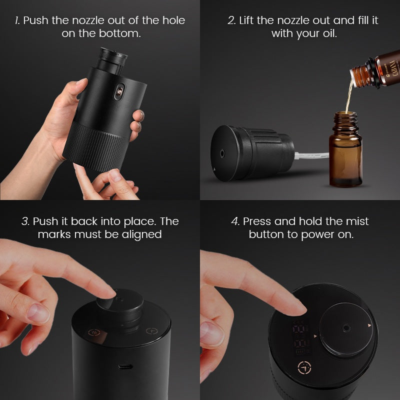 Waterless Diffuser with 6 X 0.34oz Hotel Essential Oil, Smart Car Air Diffuser, Mini Scent Air Machine Portable Diffuser for Home Car Office, Start/Stop SyncSmart Control