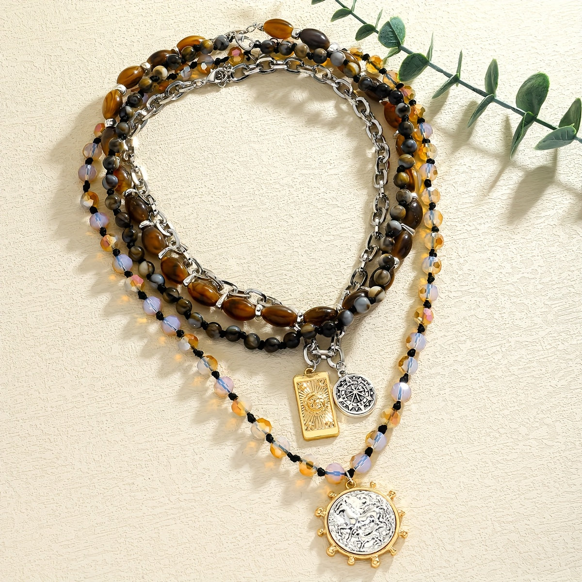Blossom Radiate Boho Layered Stone Pendant Necklace Vintage