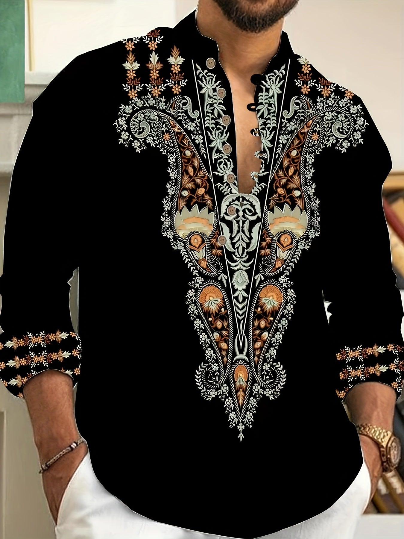 Mens Retro Floral Embroidered Long Sleeve Shirt Casual Wear