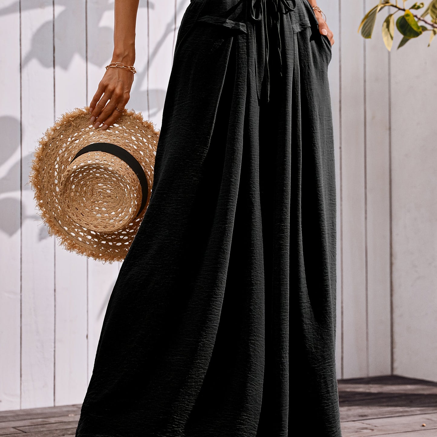 Flowy Wide Leg Pants For Women With Elastic Waist Pocket