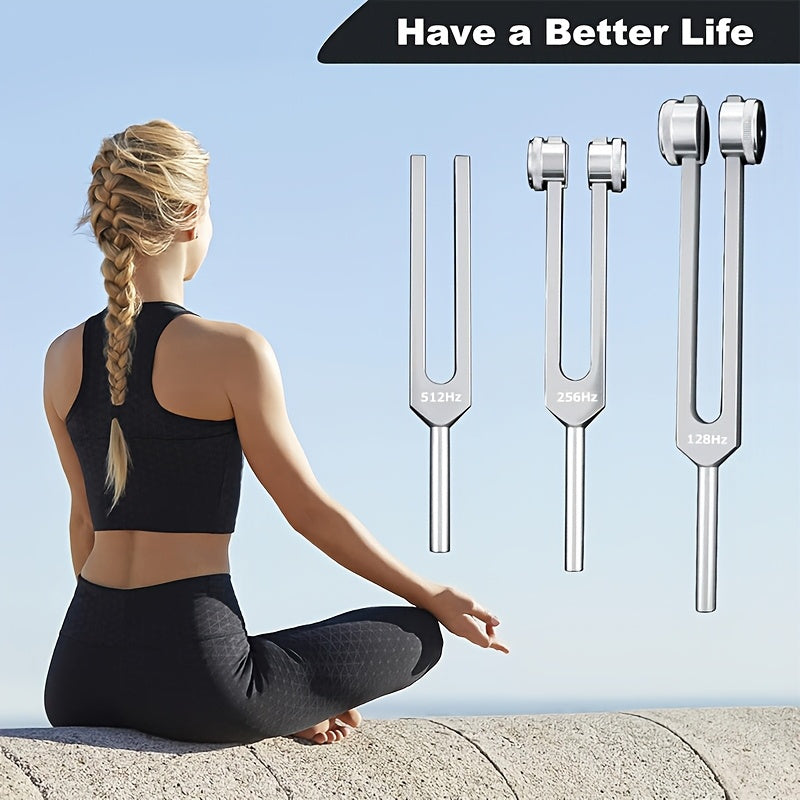 Aluminum Alloy Tuning Fork Set 128Hz 256Hz 512Hz Velvet Bag