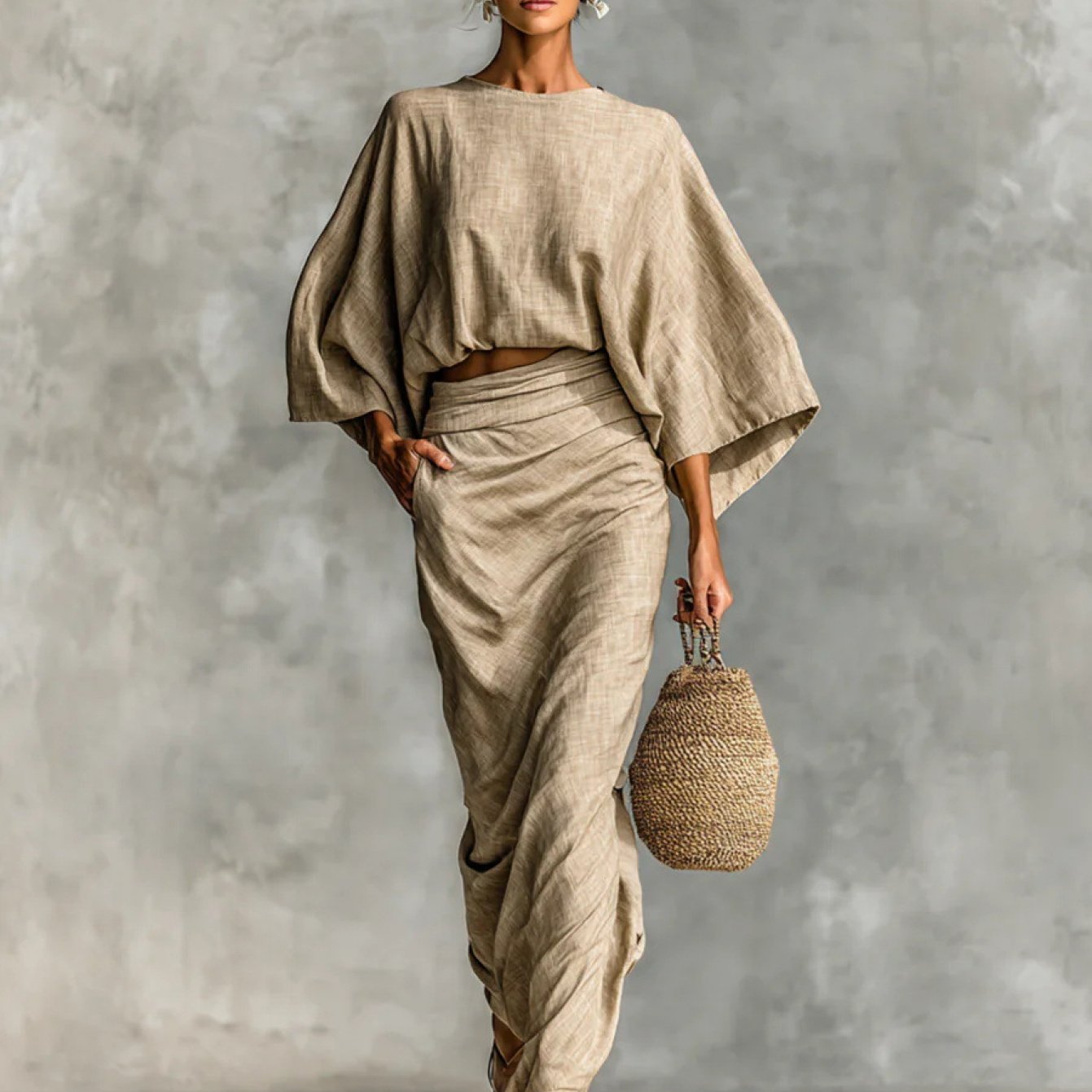 Elegant Crew Neck Long Sleeve Top And High-Waisted Skirt Set