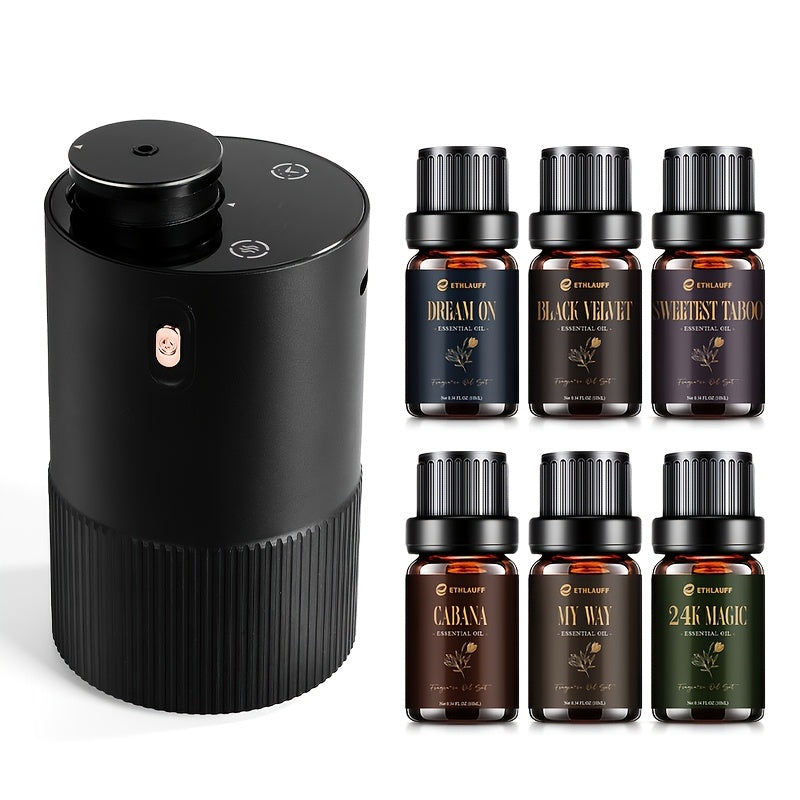 Waterless Diffuser with 6 X 0.34oz Hotel Essential Oil, Smart Car Air Diffuser, Mini Scent Air Machine Portable Diffuser for Home Car Office, Start/Stop SyncSmart Control