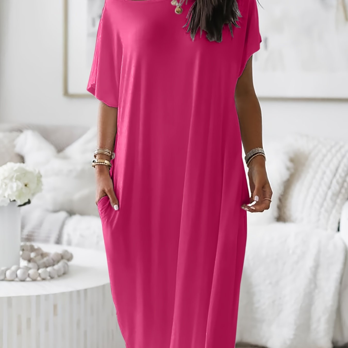 Womens Long Style Dress Crew Neck Comfortable Breathable