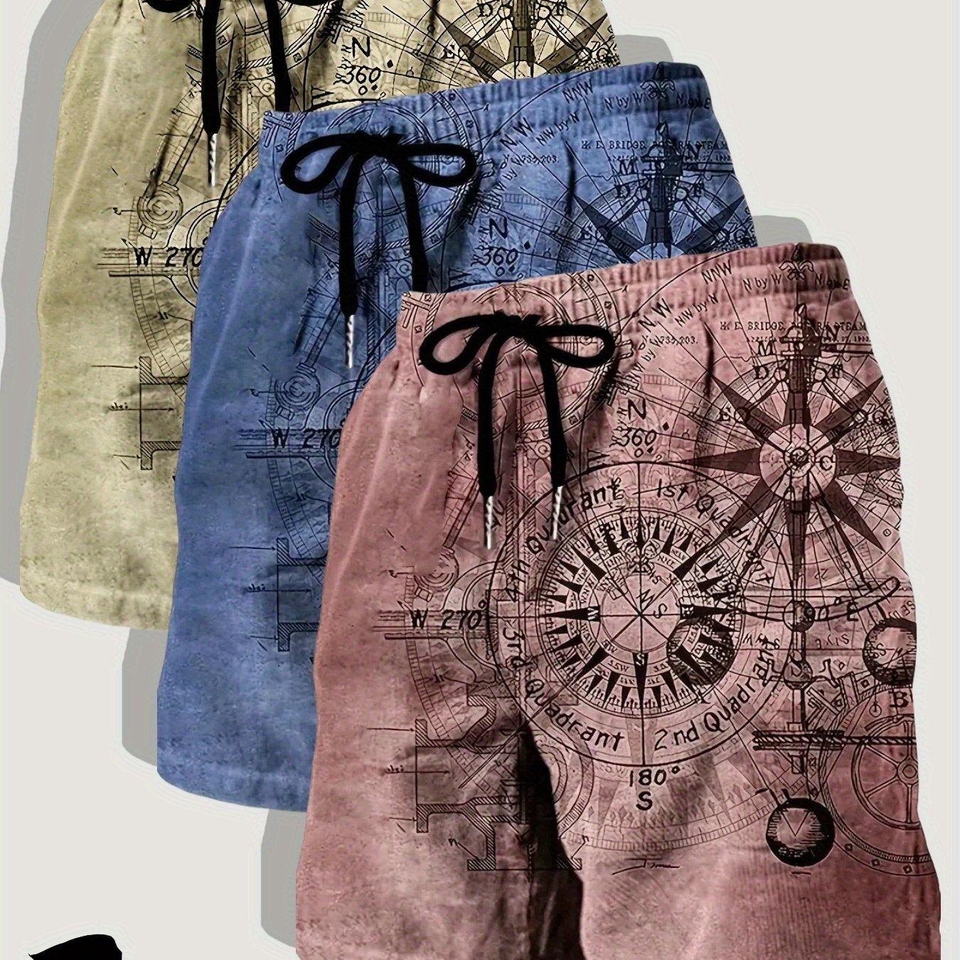 Three Pack Mens Casual Beach Shorts Nautical Chart Print