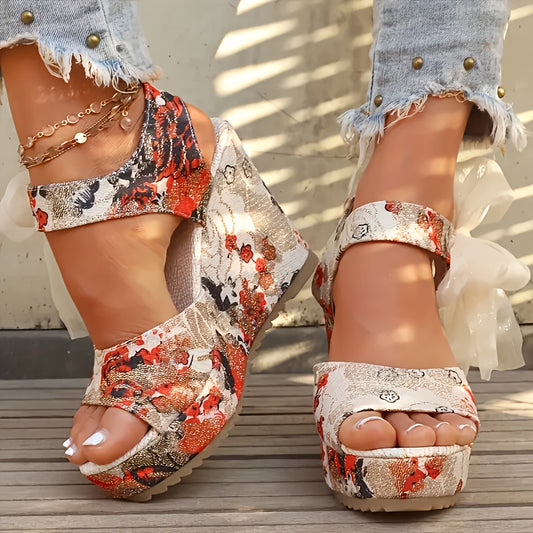 Versa Retro Floral Sandals Ankle Strap Open Toe Thick Heel