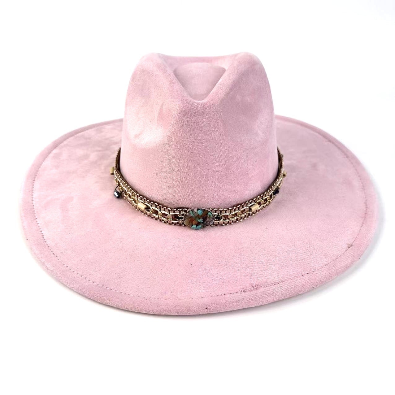 Bohemian Wide-Brim Felt Hat With Turquoise Bead Chain Band