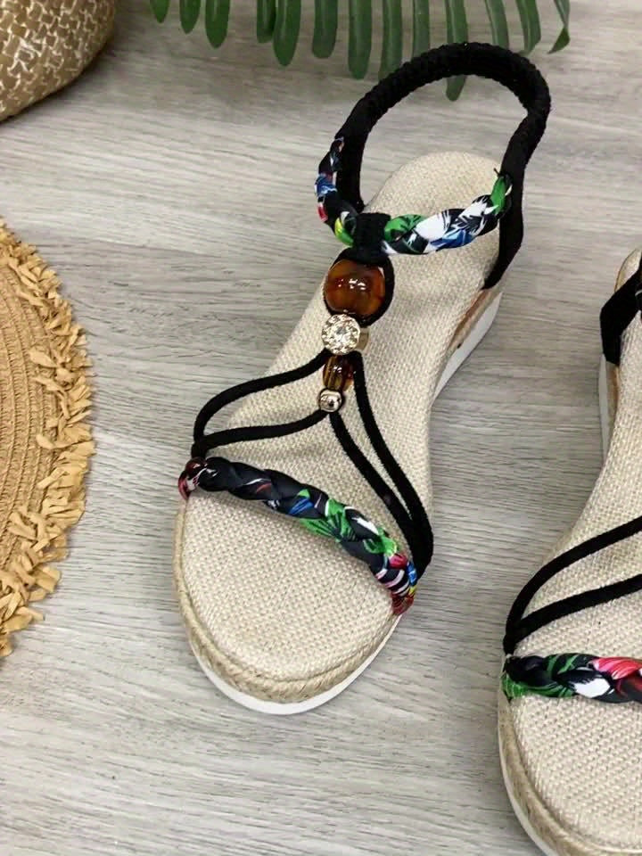 由玛 Beaded Braided Sandals With Wedge Heel Slip On Vacations