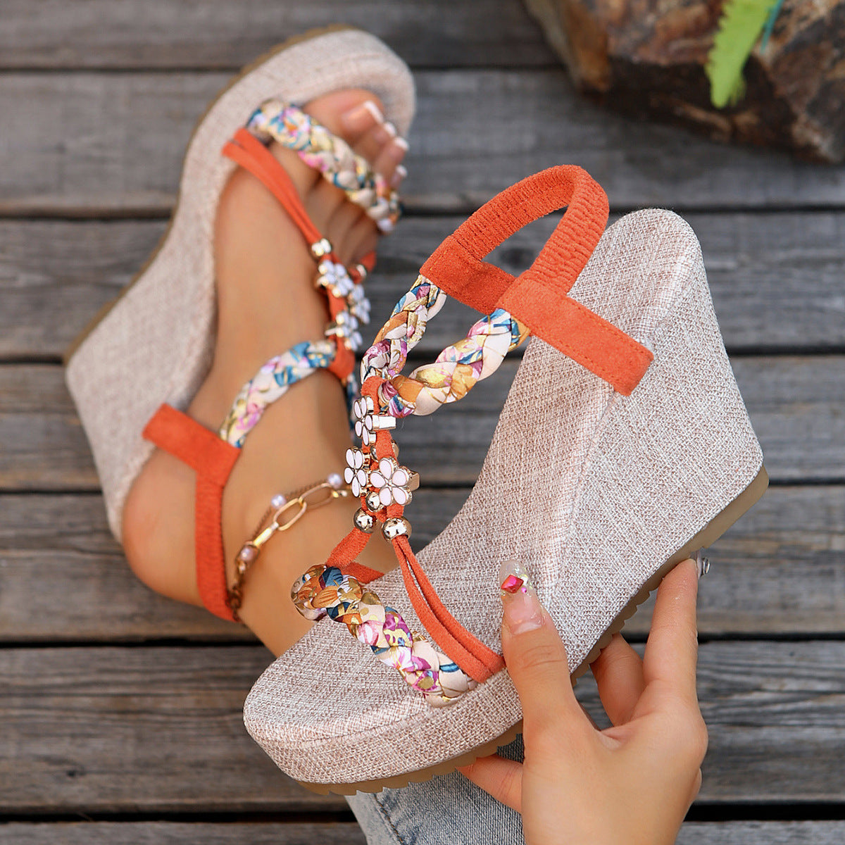Wedge Sandals With Ankle Strap Buckle Cone Heel Open Toe