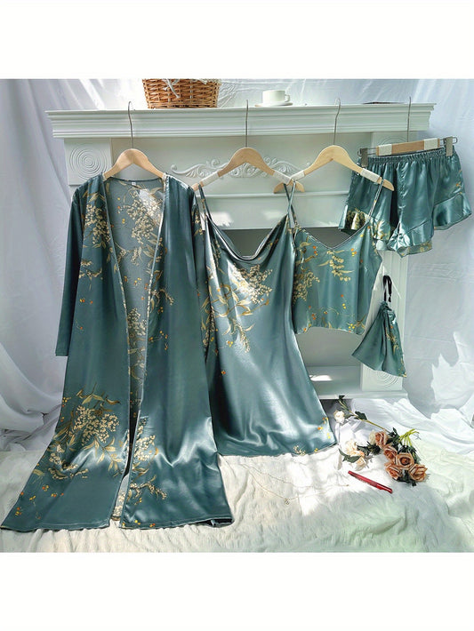 Five Piece Printed Cherry Pajama Set For Women Lightweight Cotton Homewear Comfort