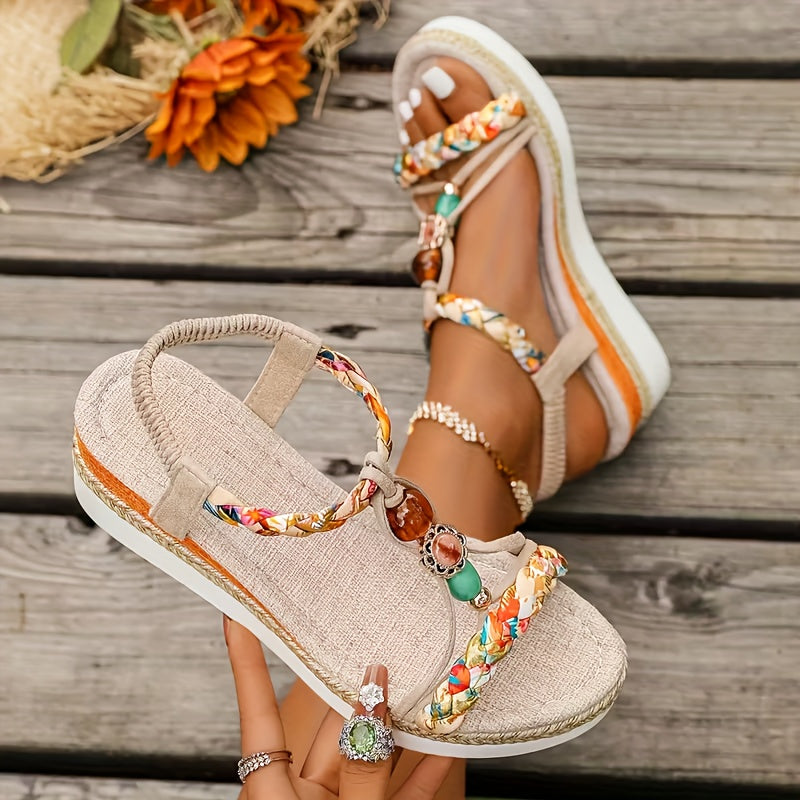 由玛 Beaded Braided Sandals With Wedge Heel Slip On Vacations