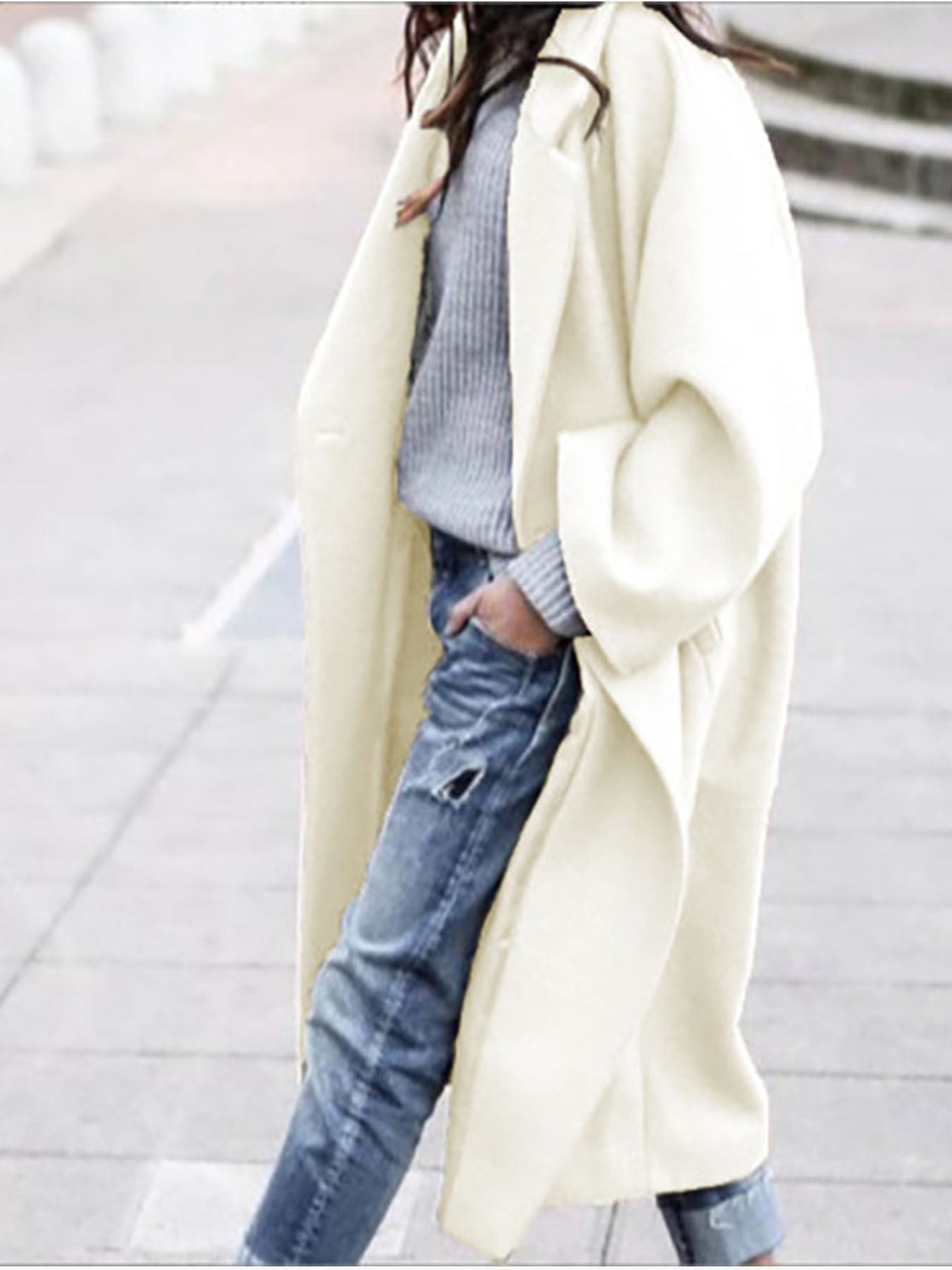 Womens Oversized Long Coat Pockets Elegant Winter Trench