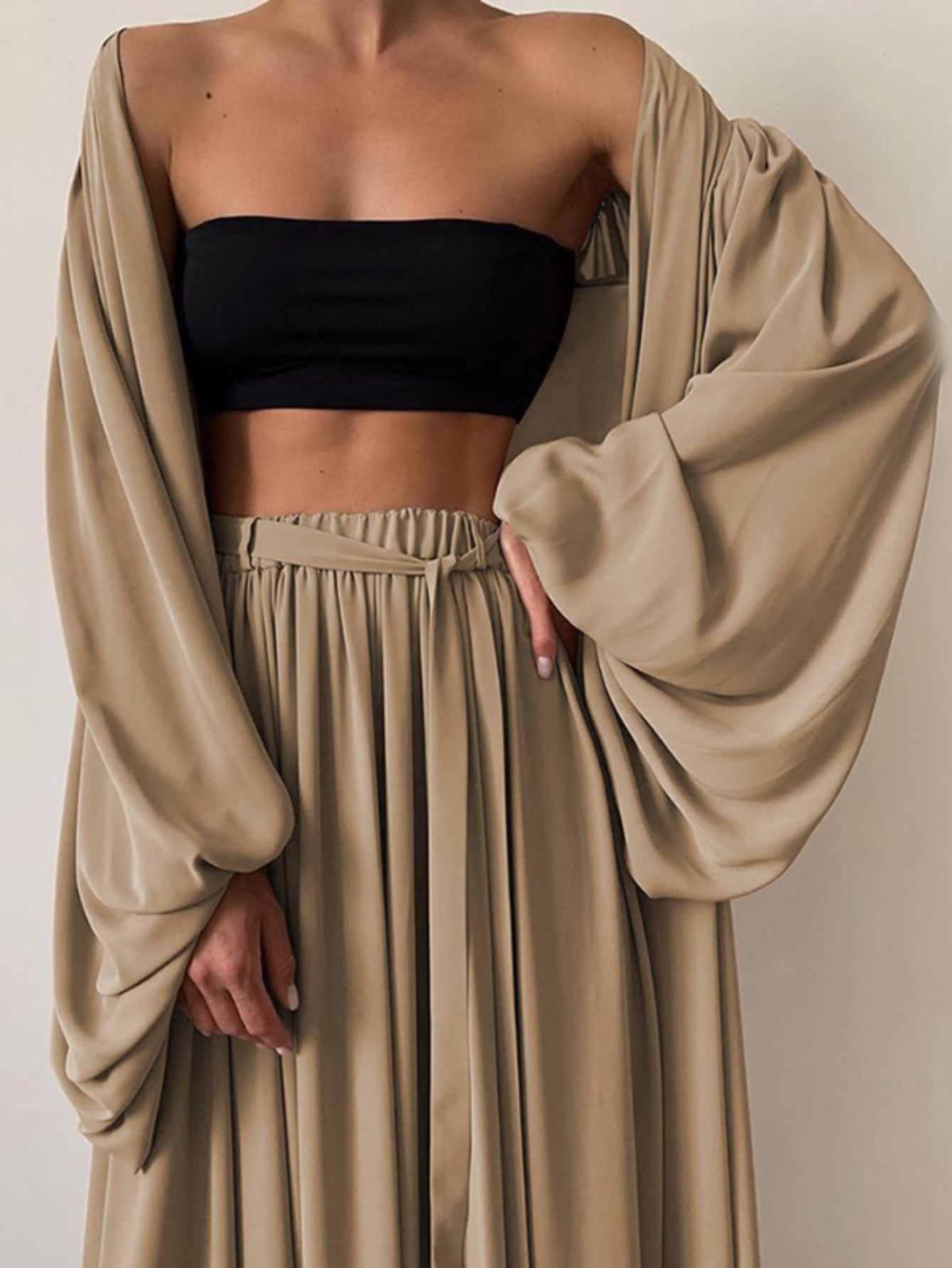 SCACTO Womens Lantern Sleeve Cardigan Set Tube Top Trousers