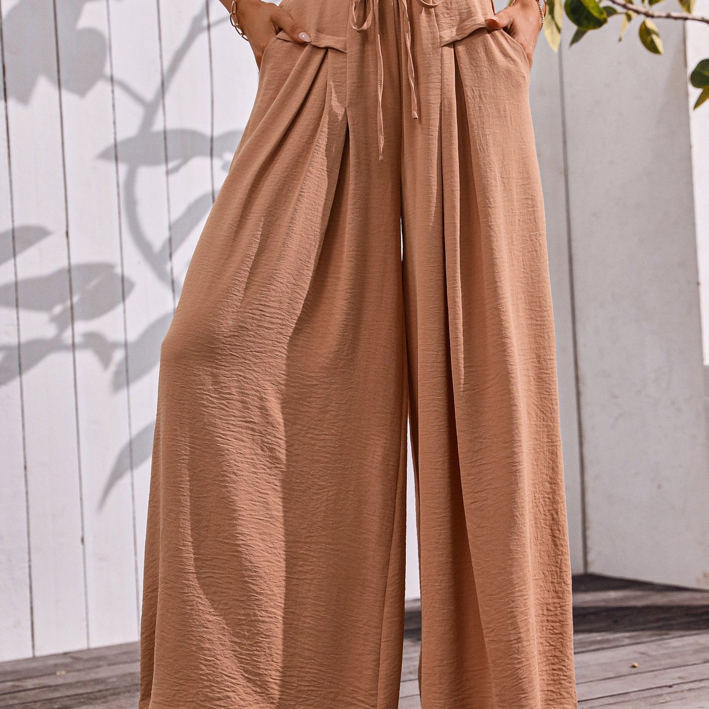 Flowy Wide Leg Pants For Women With Elastic Waist Pocket